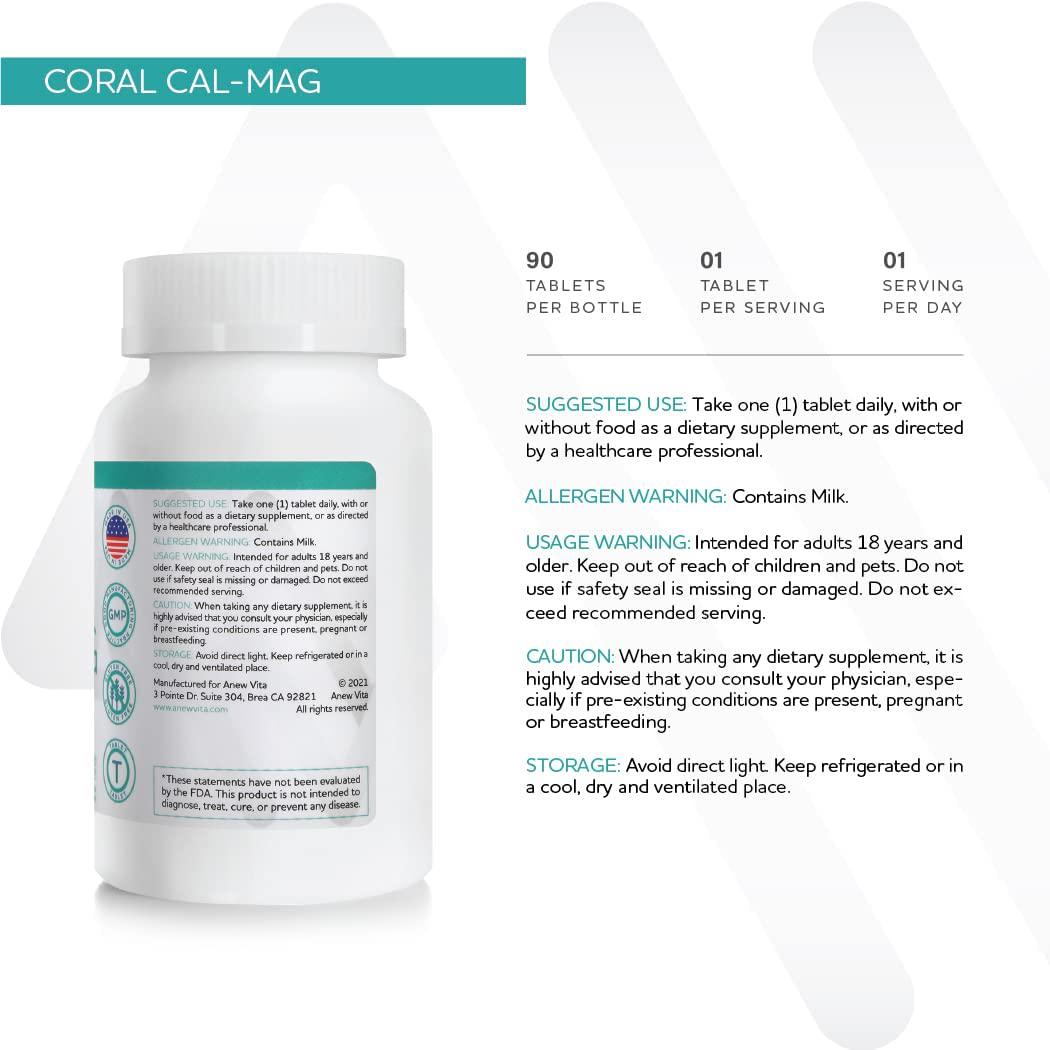 Anew Vita Coral Calcium Magnesium Supplement with Zinc Vitamin D. Maintains Bone Health, Supports Nervous System. 1050mg. 90 Tablets