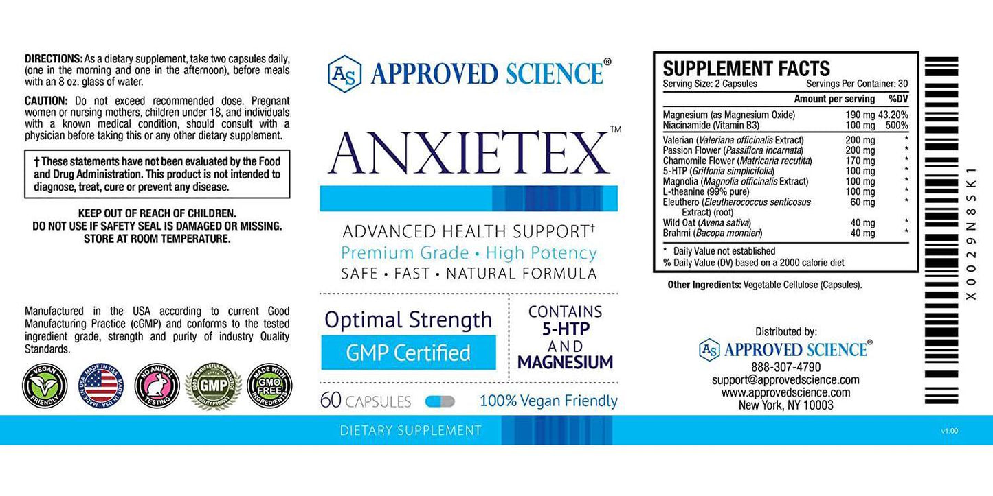 Anxietex - Naturally Decrease Stress and Anxiety - 60 Vegan Friendly Capsules Per Bottle - 6 Bottle (360 Capsules)