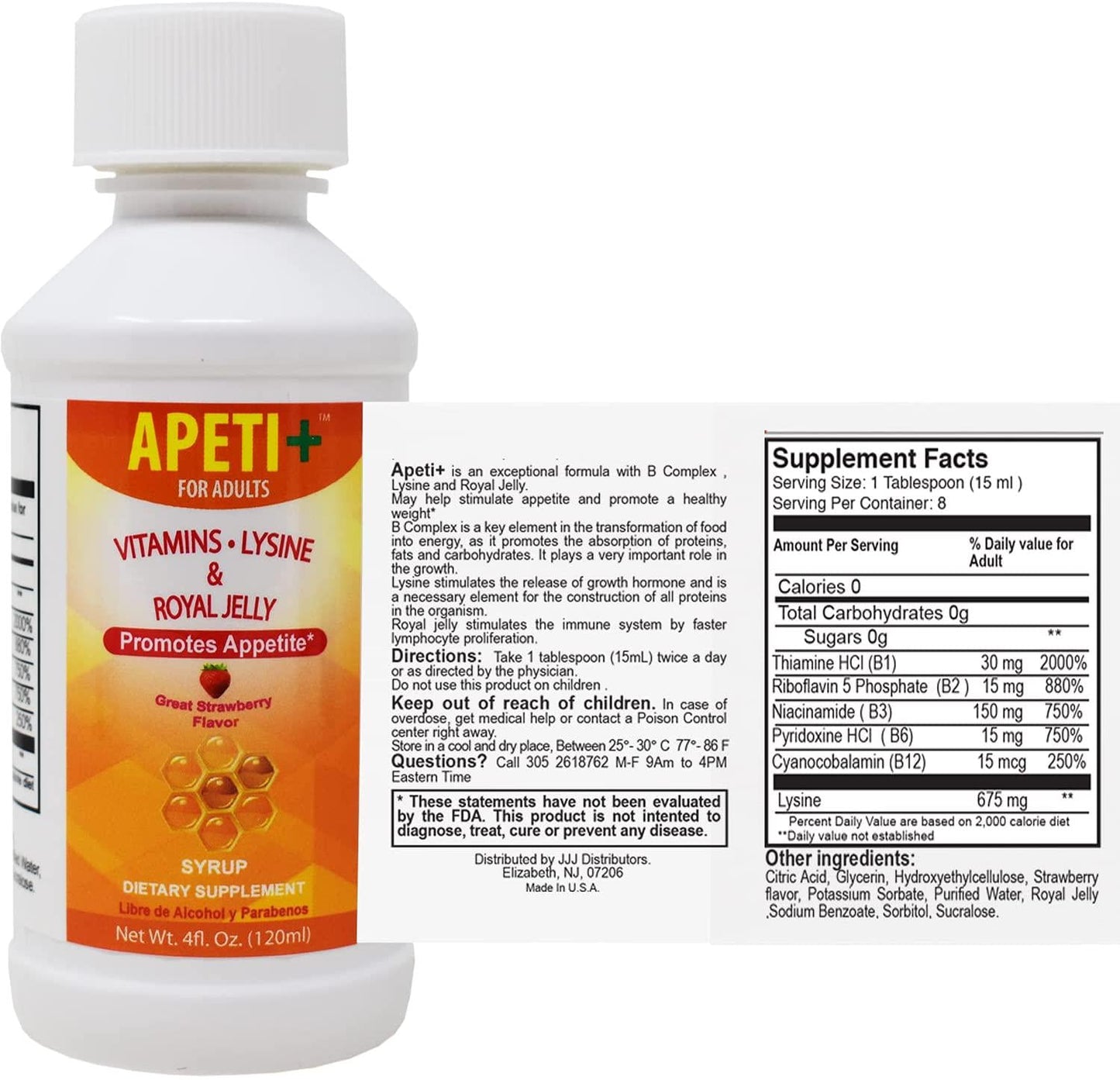 Apeti Plus Vitamins Lysine Royal Jelly Promotes Appetite Syrup for Adults (4oz)