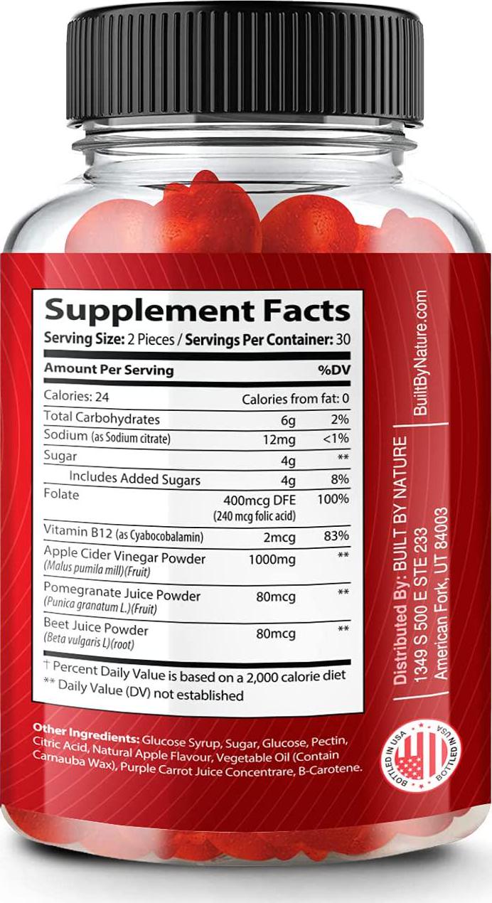 Apple Cider Vinegar Gummies 1000mg ACV from The Mother with Folic Acid, Vitamin B12, Beetroot, and Pomegranate, Chewable Apple Cider Gummy for Cleanse, Digestion, and Energy, Apple Flavor, 60 Gummies