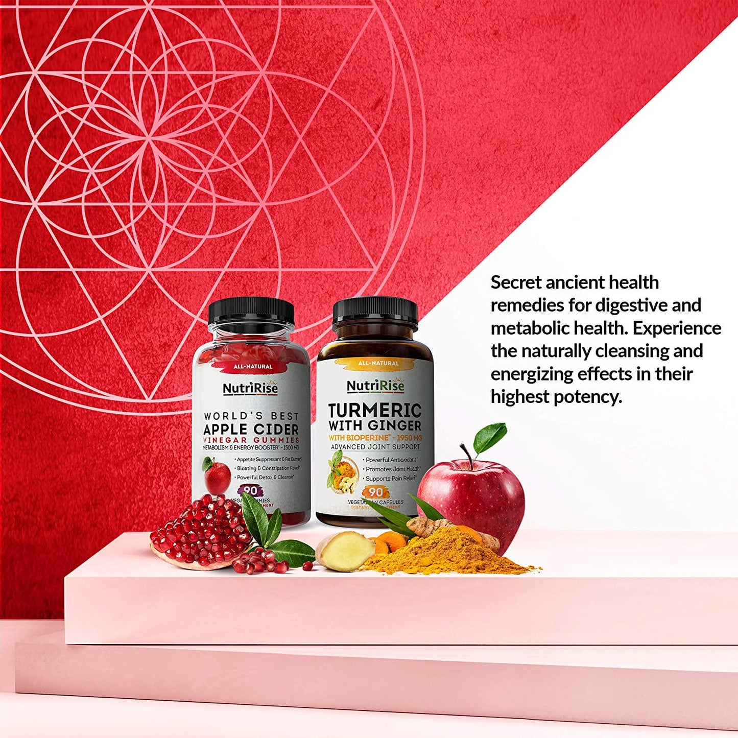 Apple Cider Vinegar Gummies + Turmeric with Ginger Caps: Powerful Combo for Metabolic Support, Digestive Health, Energy, Weight Loss, Detox and Cleanse. Vitamins B6-B12, Beet and Pomegranate Juice, Vegan