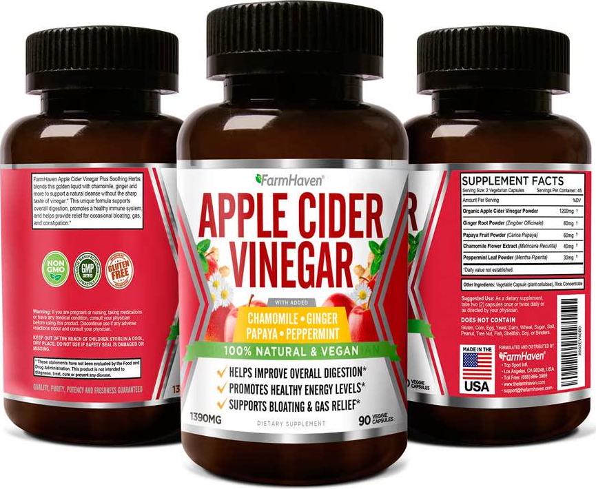 Apple Cider Vinegar Capsules With Ginger, Papaya and Chamomile | 1390mg | Improves Digestion, Energy, Immunity | Soothes Gas and Bloating Issues | Like With Mother | Non-GMO and 100% Natural | 90 Capsules