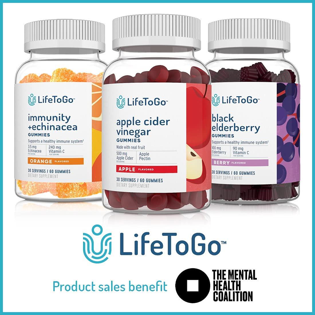 Apple Cider Vinegar Gummies from LifeToGo - No Pucker Apple Flavor Packed with 500 mg of Apple Cider for Immunity and Detox - 30 Day Supply of 60 Total Oral Gummies.