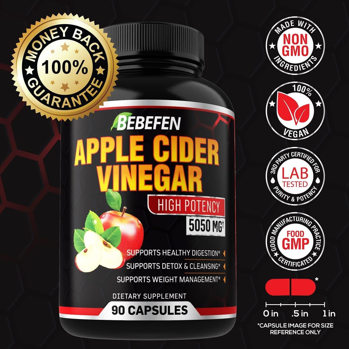 Apple Cider Vinegar Capsules - 5050mg Formula Pills with Black Pepper Extract - 90 Capsules Apple Cider Vinegar Pills for Supports Healthy Weight Management, Digestion, Detox and Immune -3 Months Supply