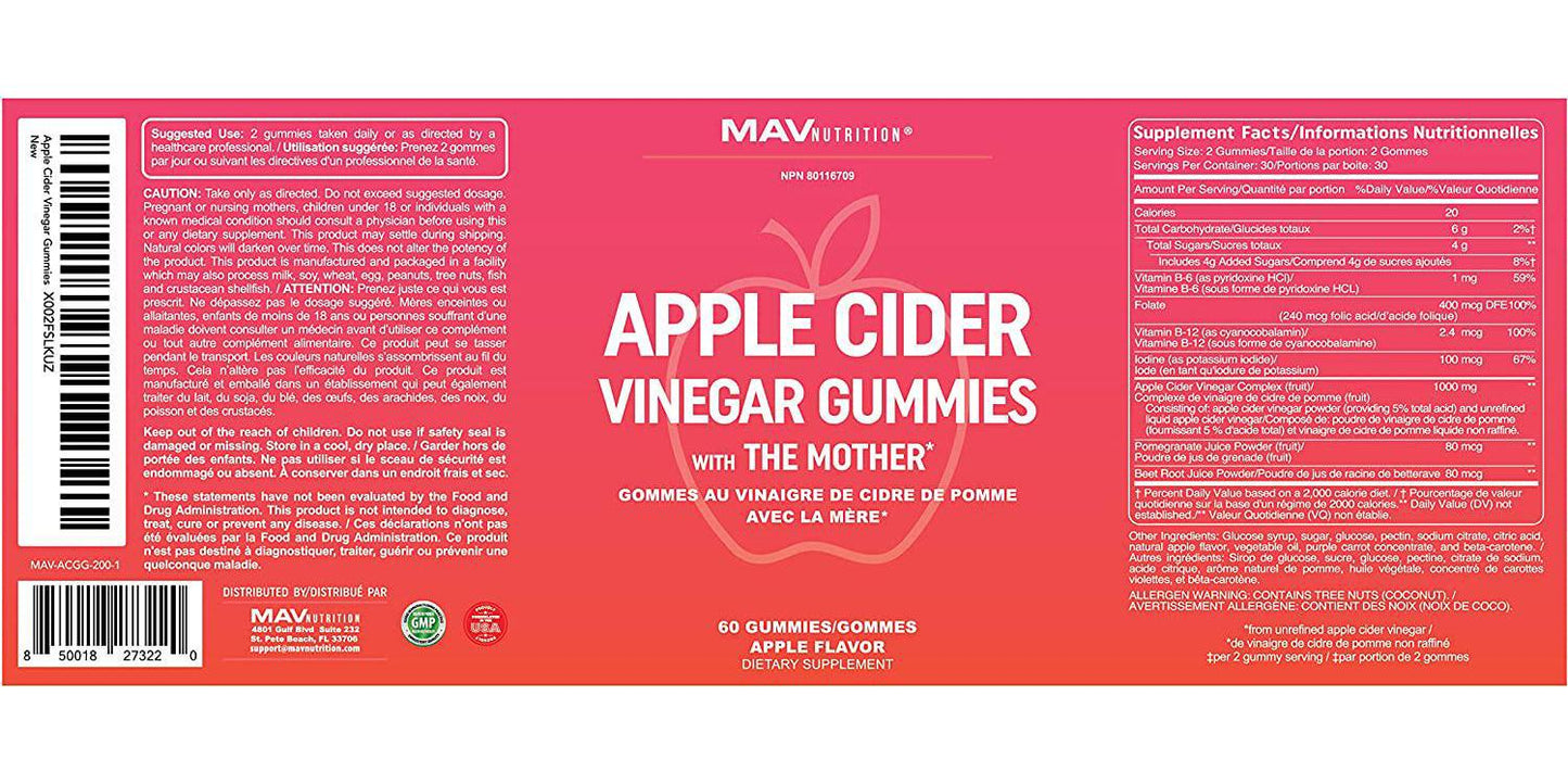 Apple Cider Vinegar Gummies with Vitamin B6, B12 and Folic Acid | for Cleansing, Metabolism, Energy Boost and Immunity Dietary Supplement | 60 ACV Gummies with The Mother