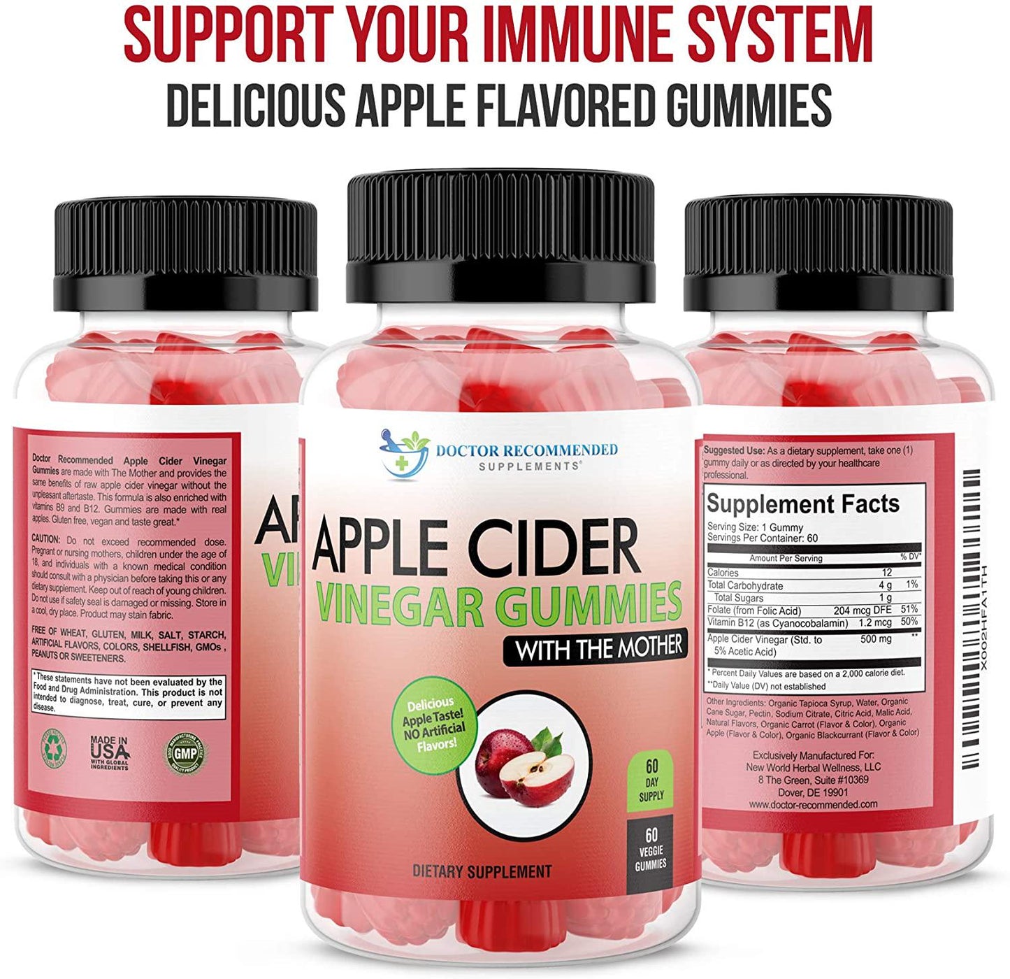 Apple Cider Vinegar Gummy Vitamins - 60 Day Supply of Apple Cider Vinegar Gummies with The Mother, B9, B12, Gluten-Free, Vegan, Non-GMO ACV for Immunity and Boost Energy, Delicious Apple Flavor