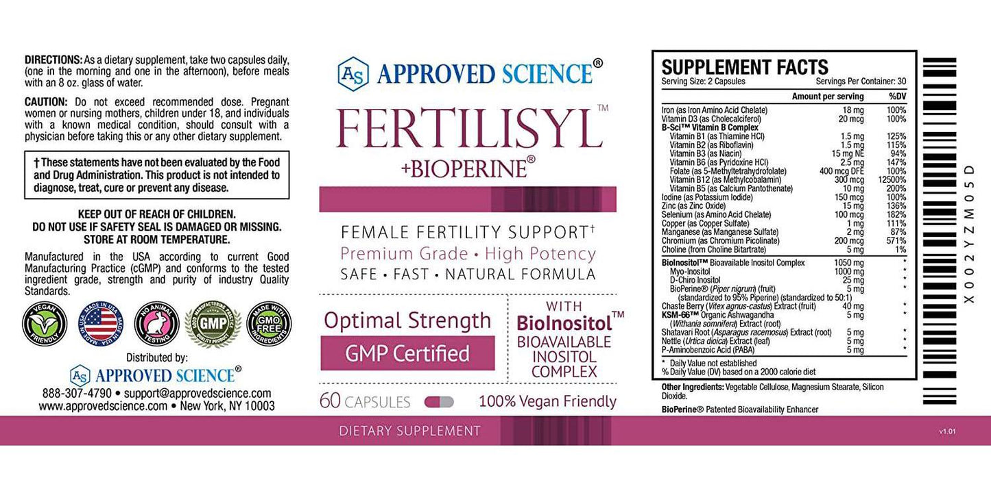 Approved Science Fertilisyl - Fertility Supplement - Support Hormones and Cycle - Prepare Body For Pregnancy - Decrease Risk Of Infertility - Prenatal Vitamins For Conception Support - 3 Month Supply