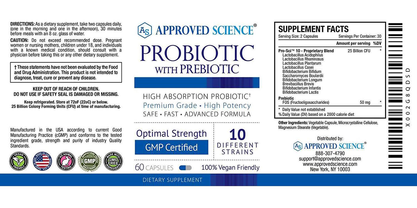 Approved Science Probiotics with Prebiotics - 10-Strand Vegan Probiotic - 1 Bottle