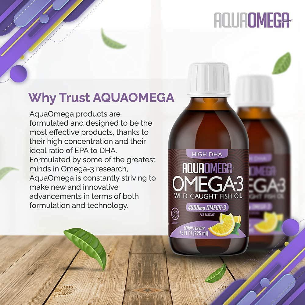 AquaOmega High DHA Omega-3 Dietary Supplement with Vitamin D, Lemon Flavor 4,500 mg of Omega-3 s per Serving