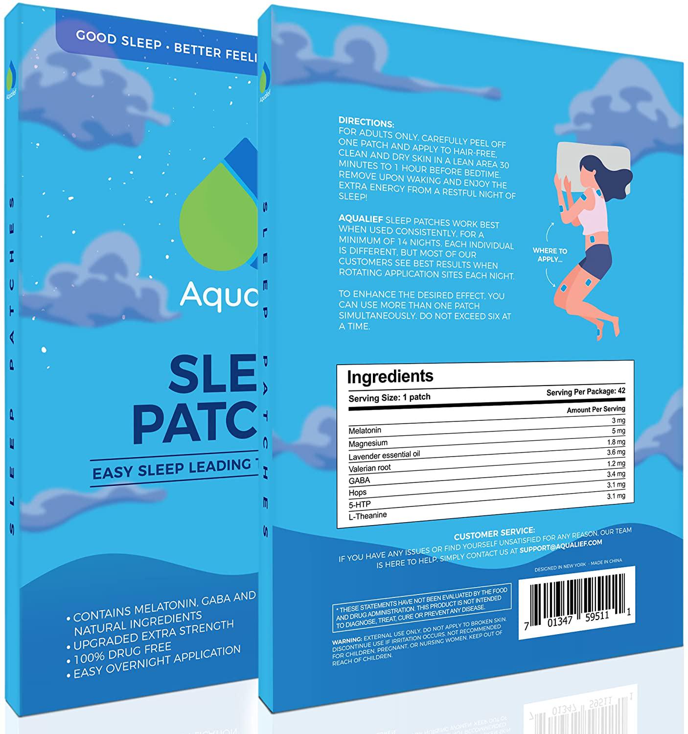 Aqualief Sleep Patches with Melatonin and GABA, 42 Patch Set, Supports Rest and Rejuvenation for Travel, Jet Lag, and Insomnia, Men and Women