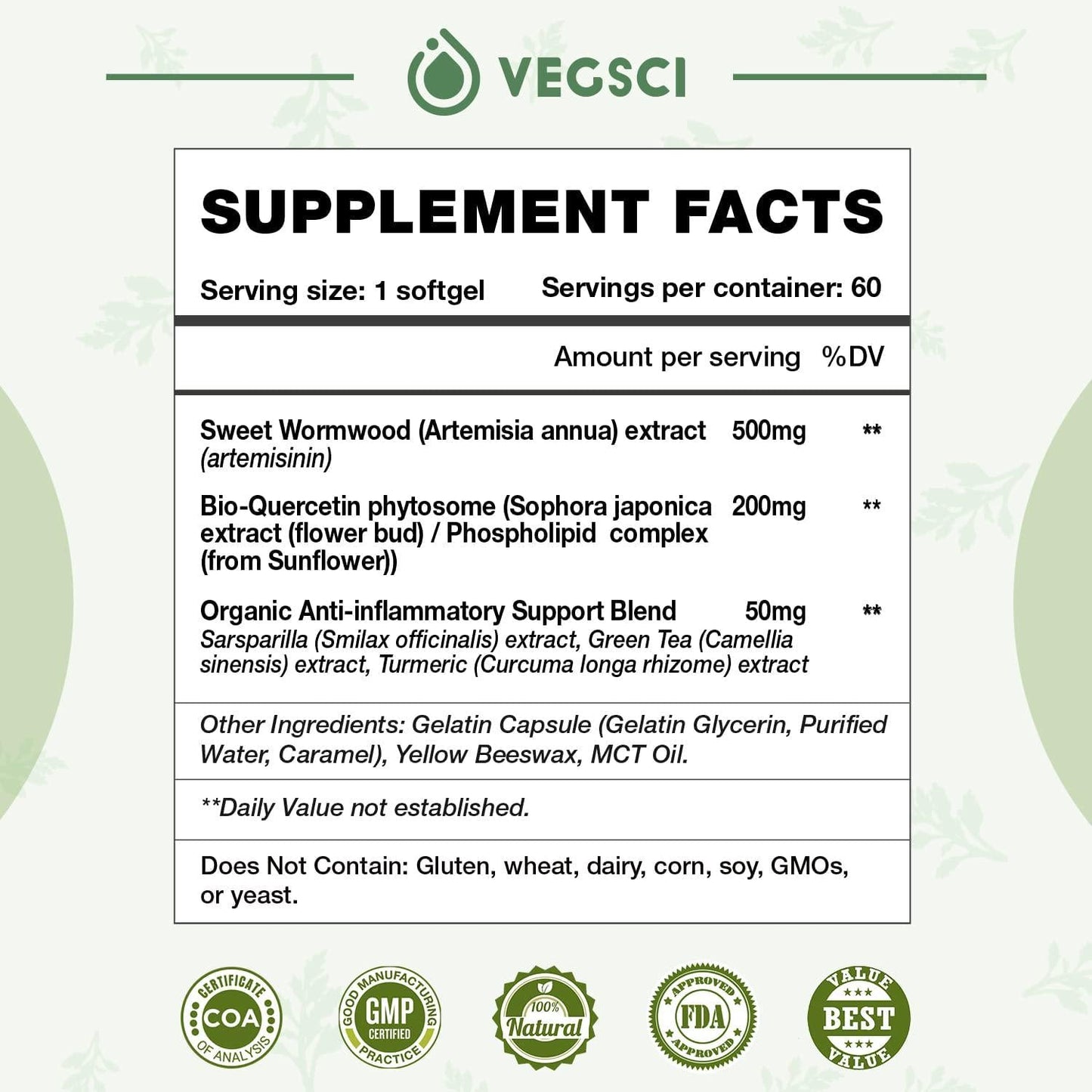 Artemisinin 500Mg Supplement, Artemisia Annua Sweet Wormwood Extract, Liposomal Artemisinin Plus 200mg Quercetin for Digestion, Immune Support, Anti Aging and Inflammation, 120 Servings