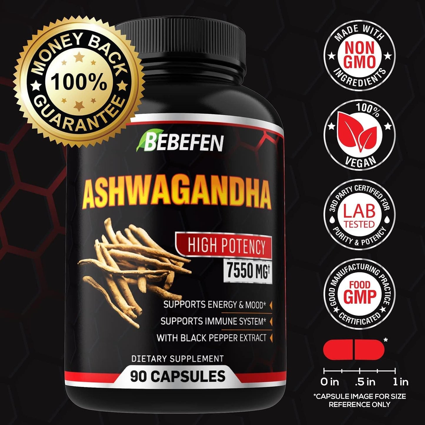 Ashwagandha Capsules - 7550mg Formula Pills with Black Pepper Extract - 90 Capsules Ashwagandha Supplement for Energy Support - 3 Month Supply