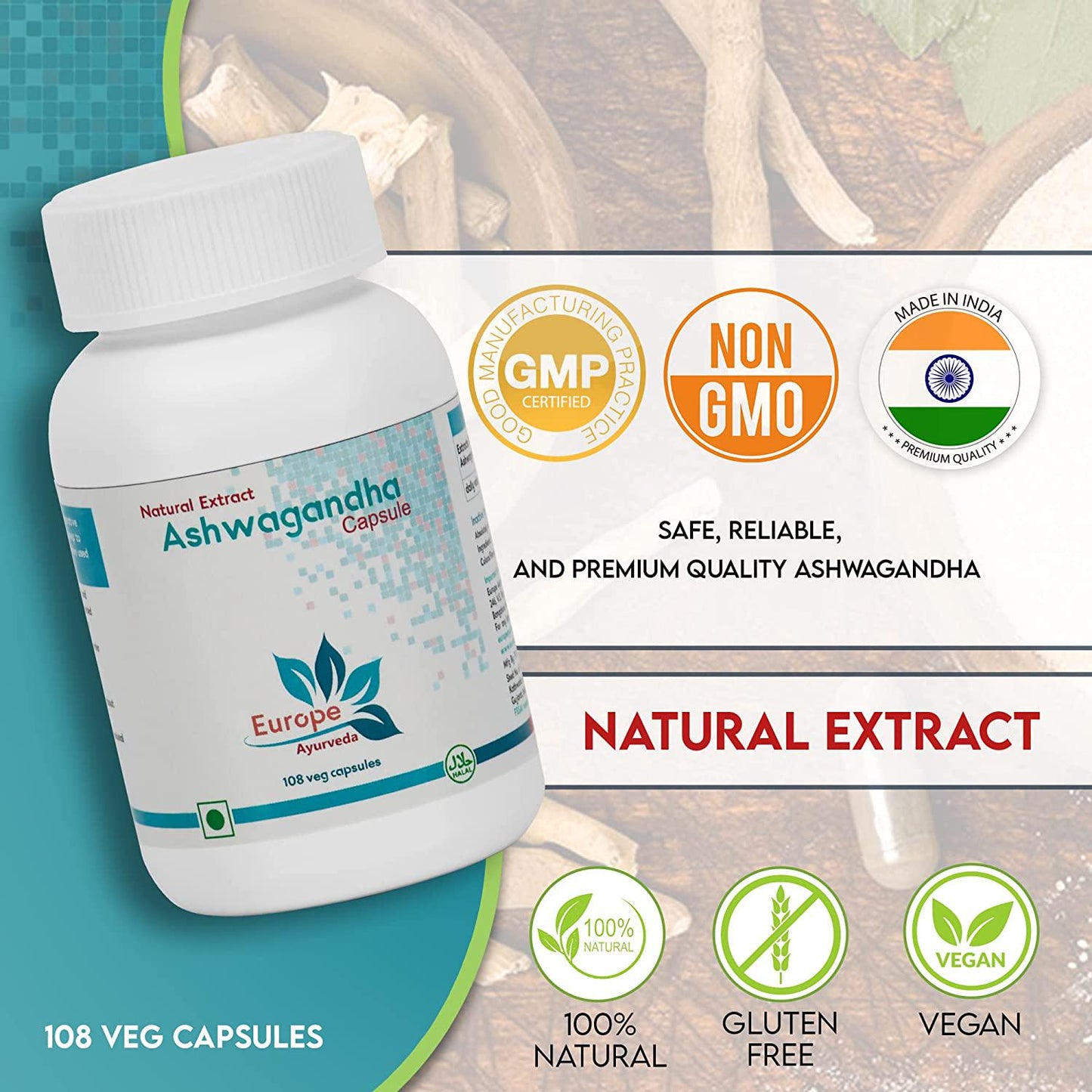 Ashwagandha Root Powder 500 mg - 108 Vegan Capsules - Relax, Restore Stress Relief, Mood Enhancer, Immune and Thyroid Support, Vegeterian Ashwaganbdha Supplements