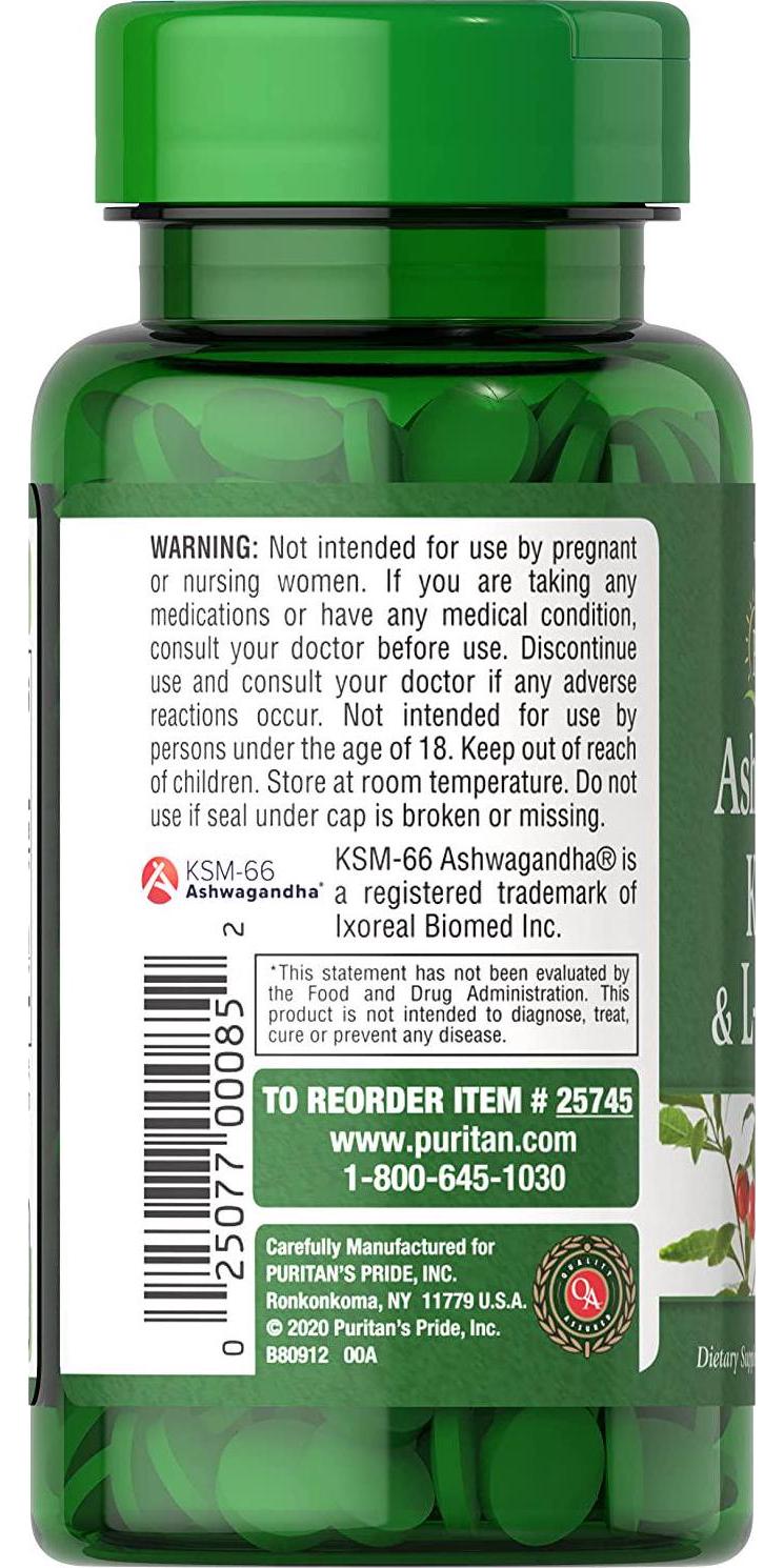 Ashwangandha KSM66 and L-Theanine, Helps Relieve occassional Stress and Anxiety, 60 Count by Puritan's Pride, White