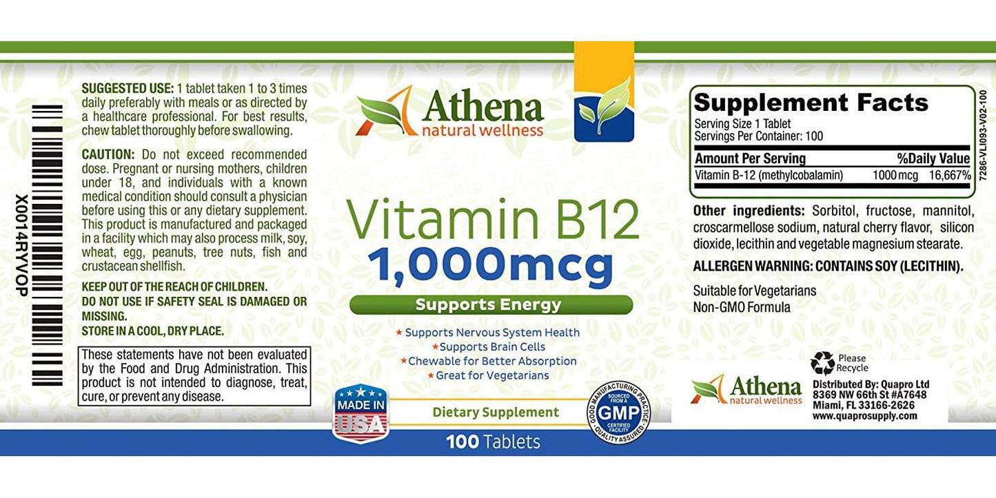 Athena - Vitamin B12 1,000mcg Chewable Tablets Supplement - Methylcobalamin - Cherry Flavor - High Potency- Suitable for Vegetarians - 100 Tablets
