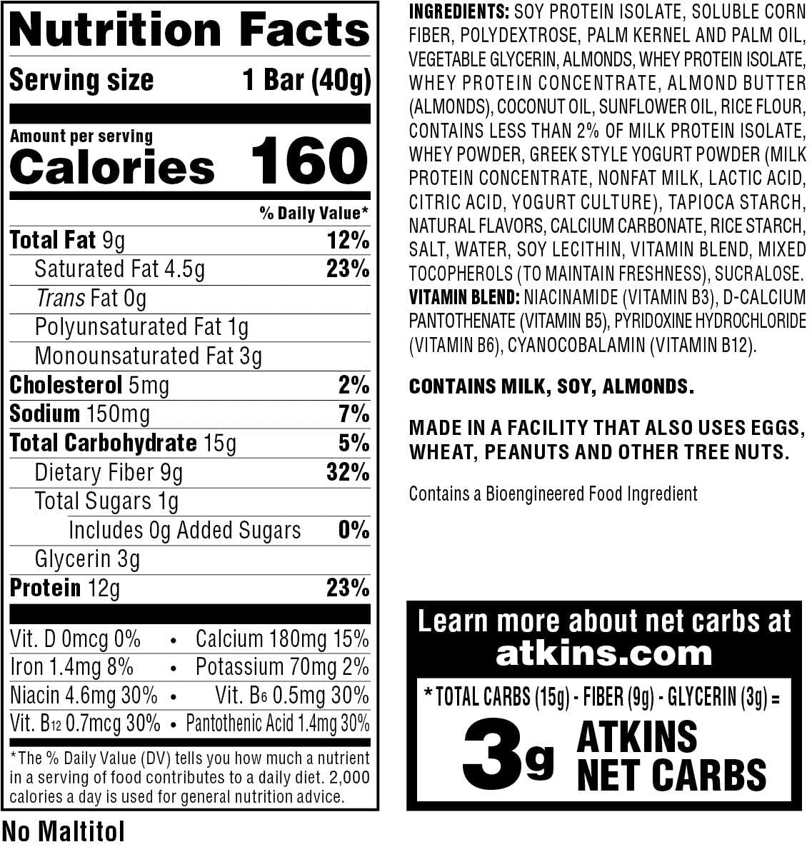 Atkins Honey Almond Greek Yogurt Snack Bar. with B Vitamins and Real Almond Butter. Keto Friendly and Gluten Free., 5 Count (Pack of 6) (505801)