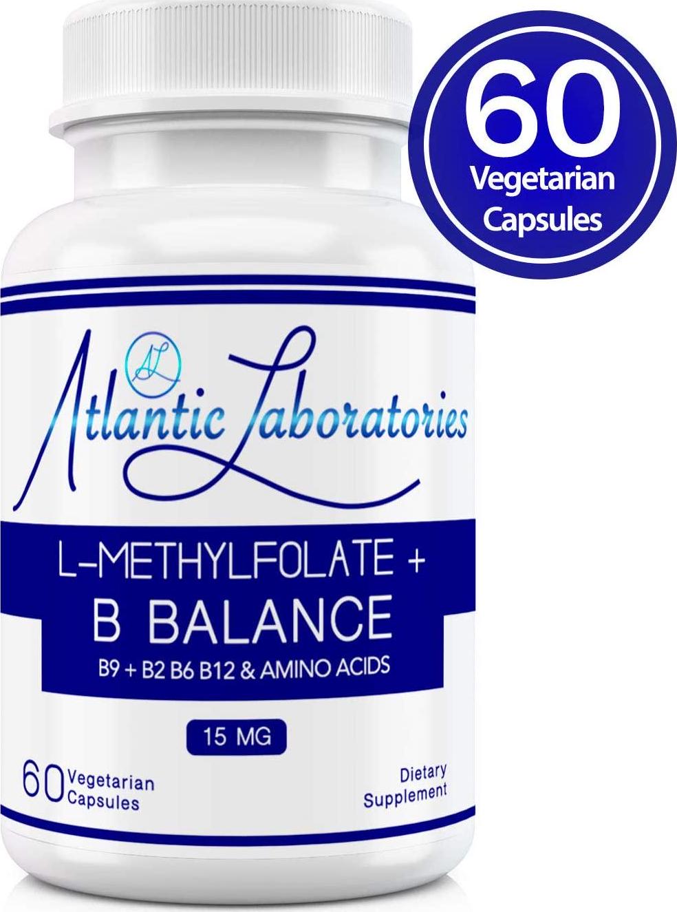 Atlantic Laboratories L-Methylfolate 15 mg B9 + B2 B6 B12 Methylated Cofactors and Essential Amino Acids - Active Folate Glycine for Brain, Heart and Fetal Health, 60 Count (2 Month Supply) (15 mg)