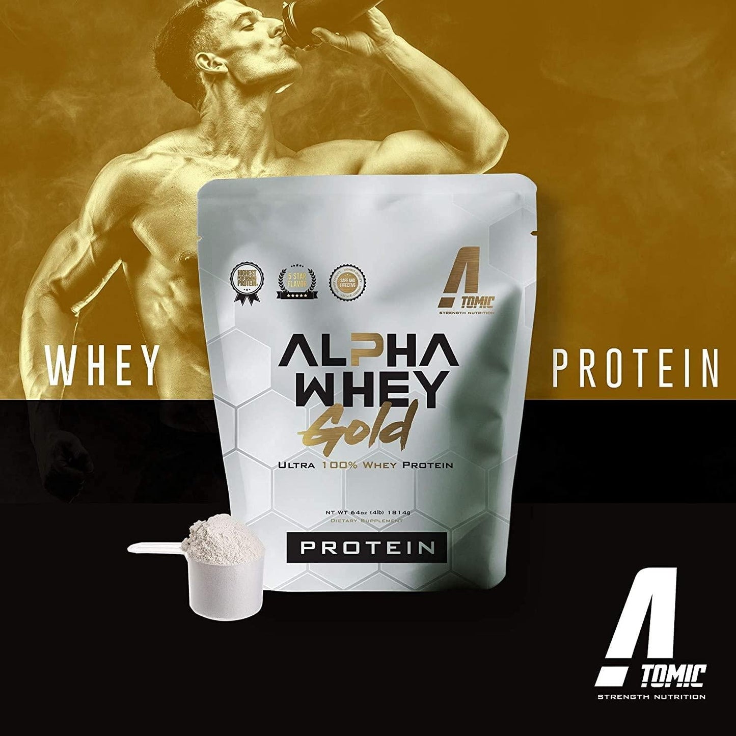 Atomic Strength Nutrition Alpha Whey Gold Ultra 100% Whey Protein Strawberry Easy to Digest Meal Replacement Sugar Free, Fat Free, Gluten Free, Lactose Free 4lb.