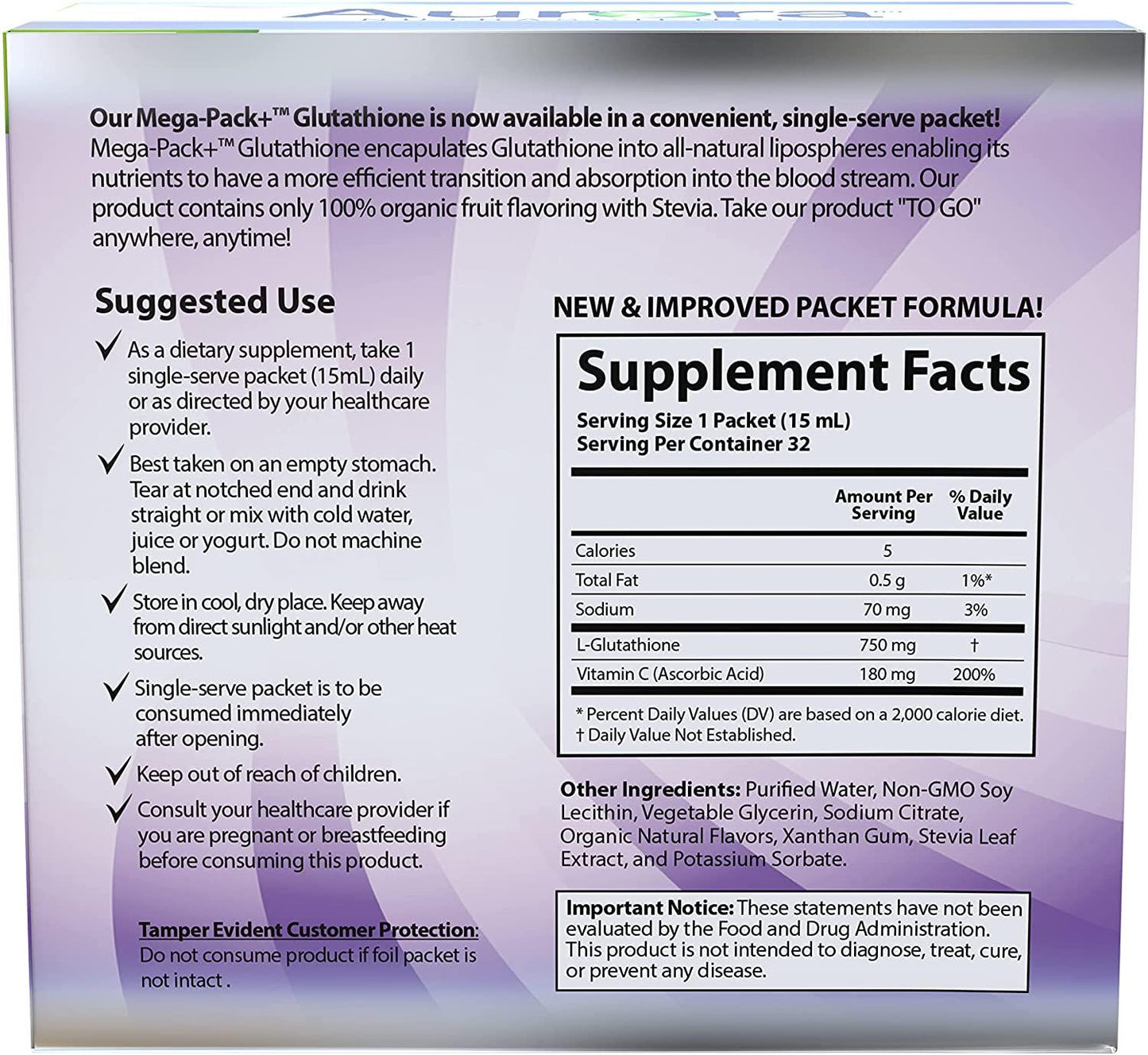 Aurora Nutrascience Mega-Pack+ Liposomal Glutathione | 750 mg per Serving | 32 Single Serve Packs - 15mL | Gluten Free, Non-GMO, Sugar Free, High Absorption, Immune System Support | 16 oz (480 mL)