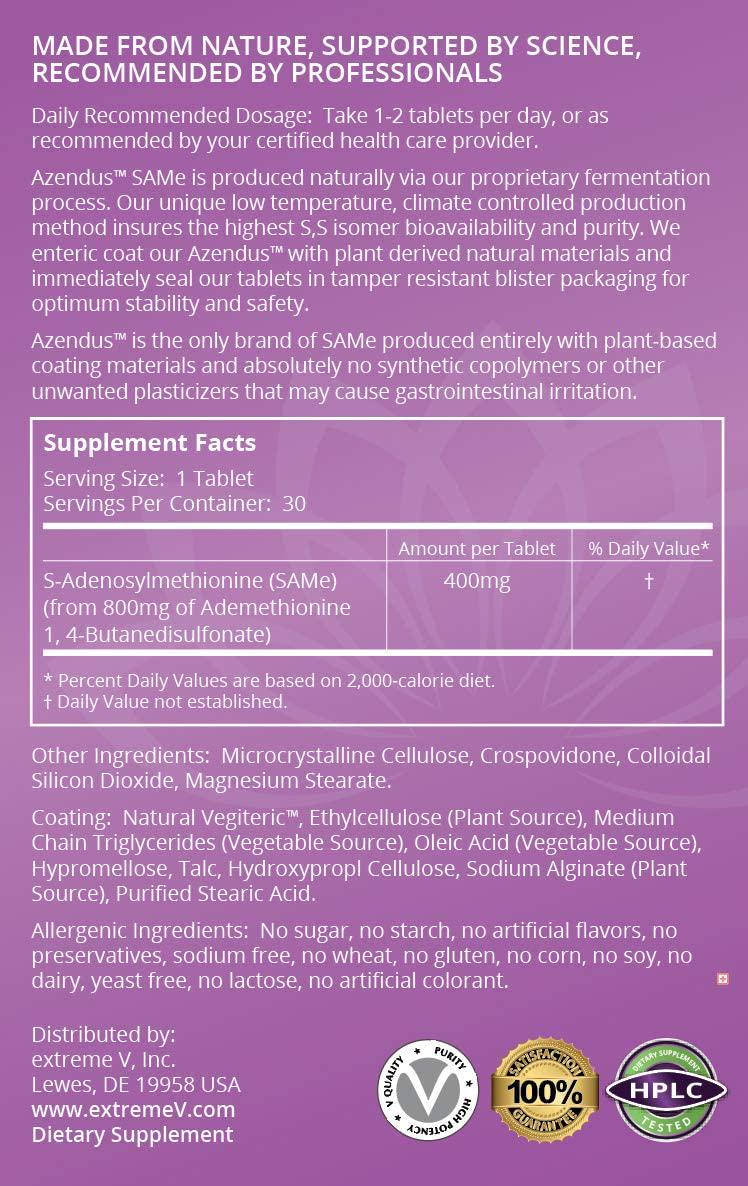 Azendus SAM-e Mood Support 400mg, 30 Count, Same Butanedisulfonate Fiber Enteric Coated Tablets