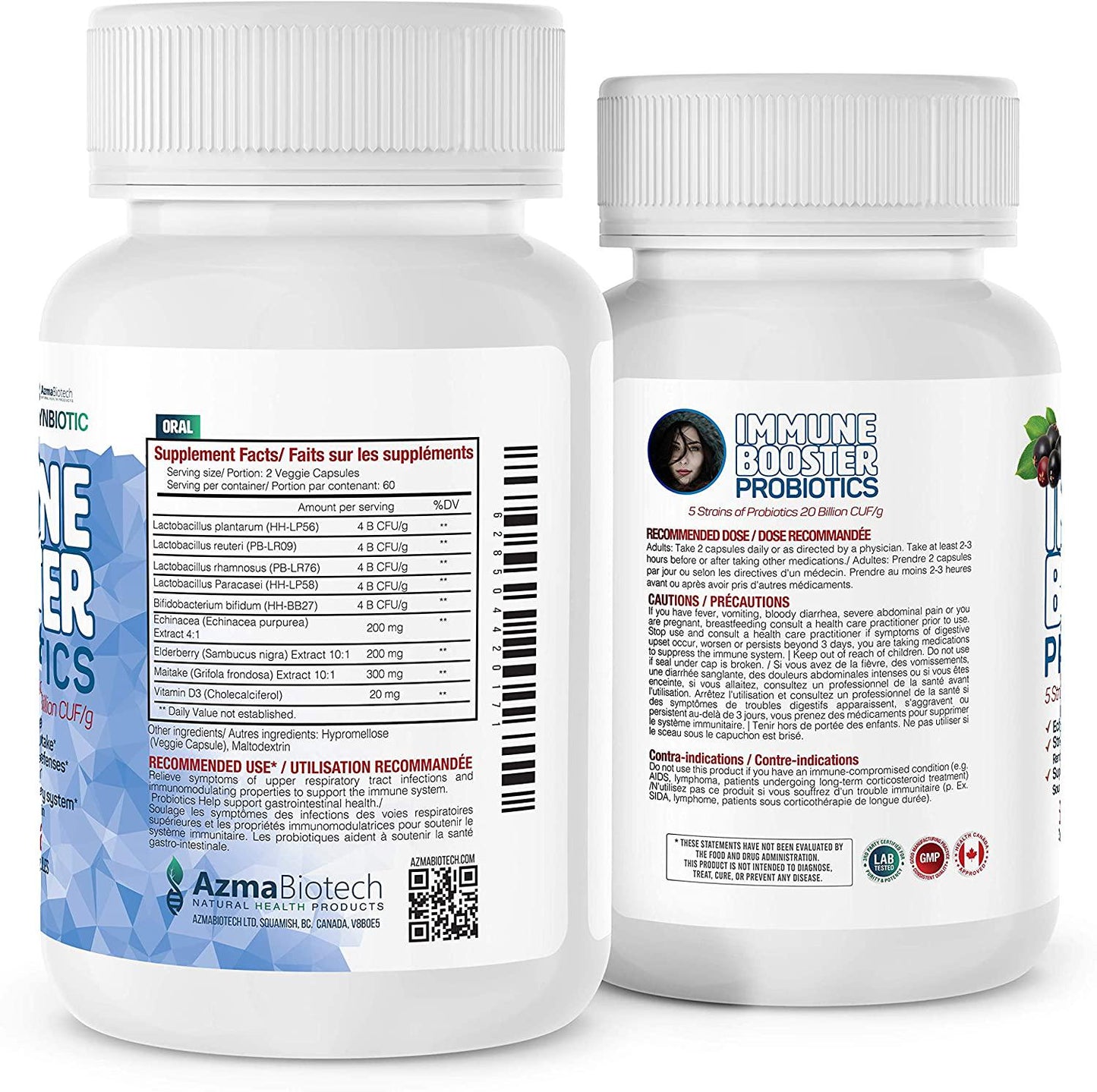 AzmaBiotech Immune Booster Synbiotics | Echinacea, Elderberry, and Maitake + 5 Strains Probiotics 20 Billion CFU/g | 60 Veggie Capsules