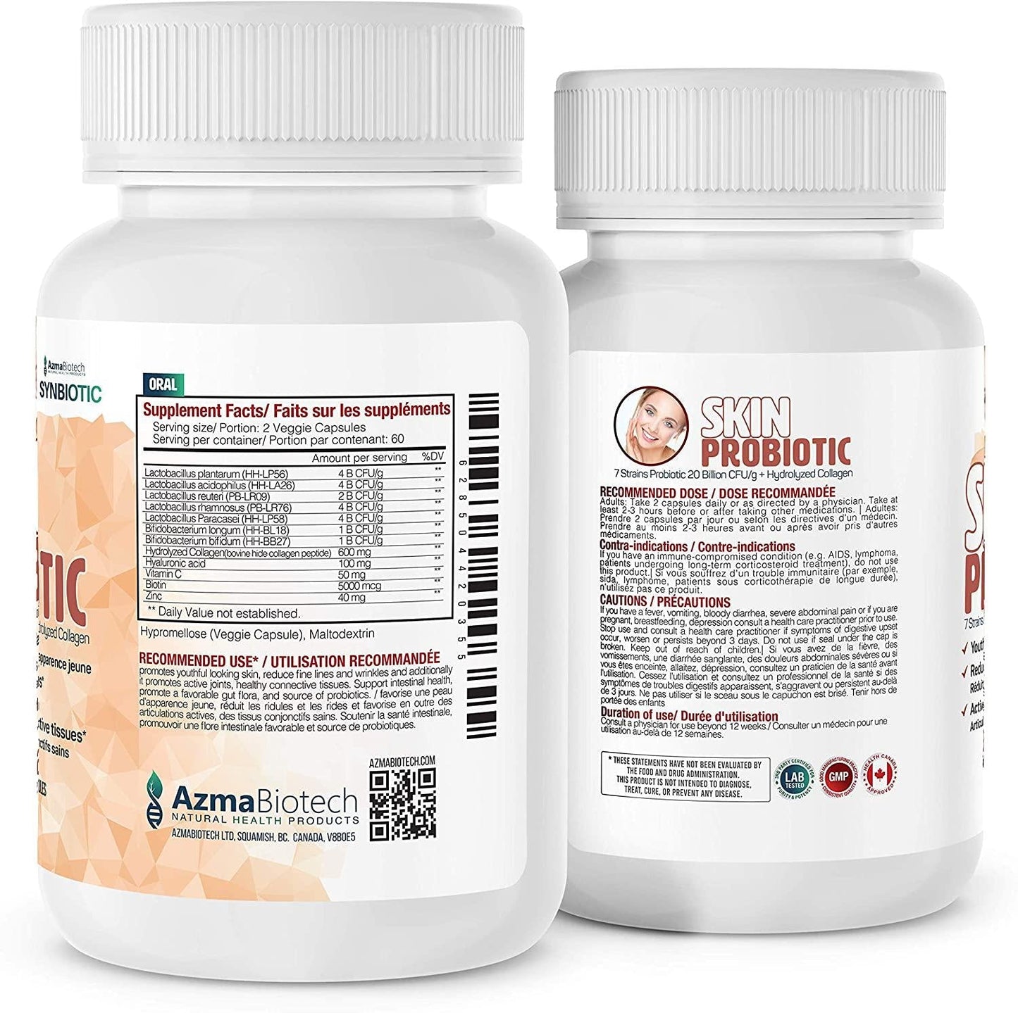 AzmaBiotech Skin Probiotics Synbiotic | 7 Strains Probiotics 20 Billion CFU/g + Hydrolyzed Collagen 600 mg + Biotin, Zinc, and Vitamin C | 60 Veggie Capsules