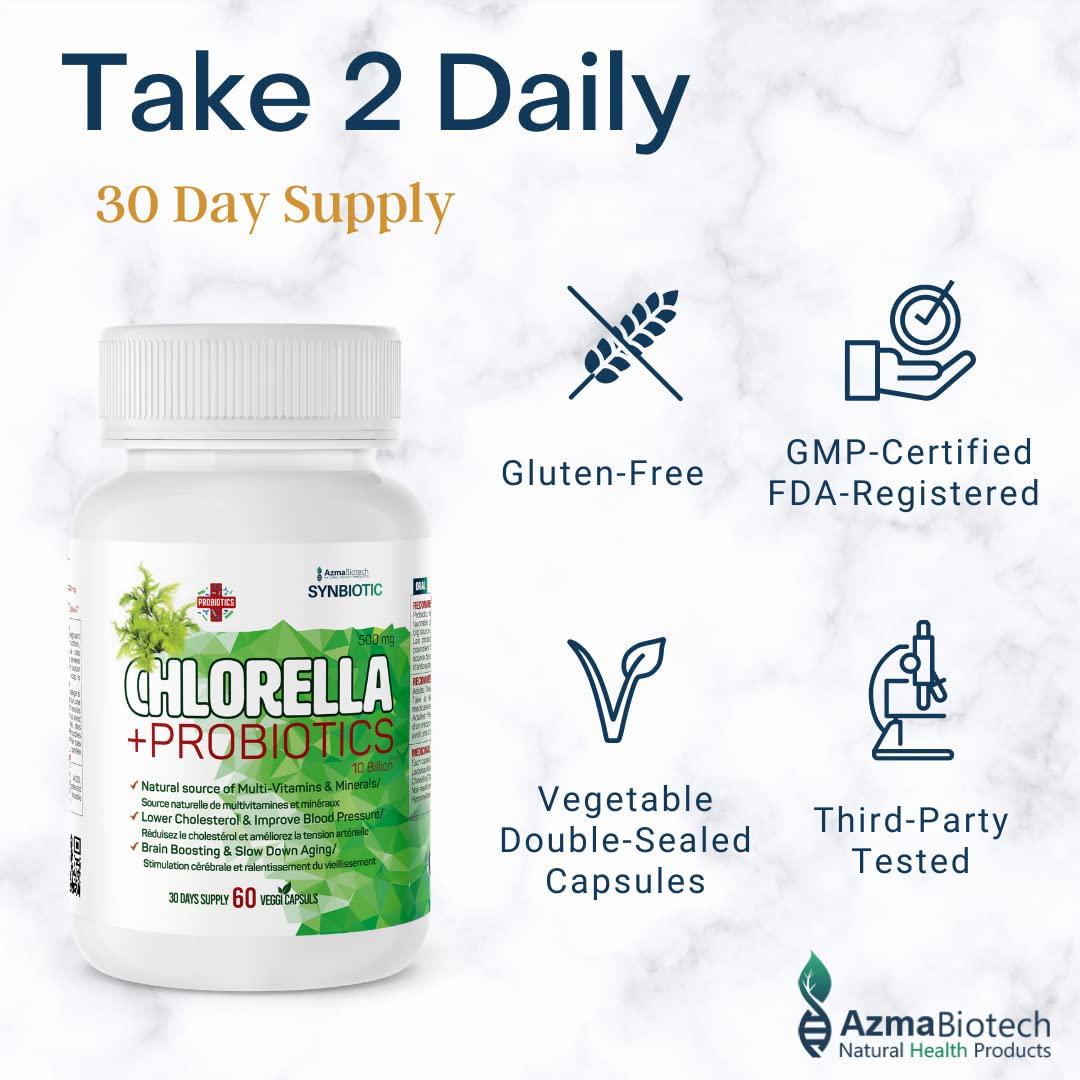 AzmaBiotech Synbiotic | Chlorella 500 mg + Probiotic 10 Billion | 60 Vegan Capsules | Broken Cell Wall Natural | Source of Vitamins and Minerals | Including All The Essential Amino Acids and Vitamins