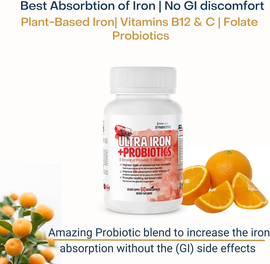 AzmaBiotech Ultra Iron | Bisglycinate Iron 45 mg + 5 Strains Probiotics 10 Billion CFU/g + Vitamins C and B12 | 60 Veggie Capsules