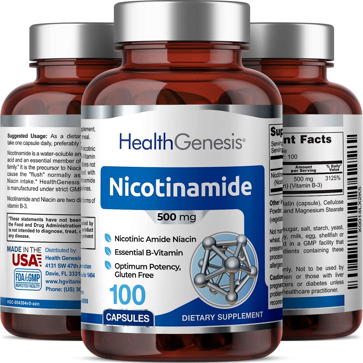 B3 Nicotinamide 500 mg 100 Capsules - Natural Flush-Free Vitamin Formula | Gluten-Free Nicotinic Amide Niacin | Supports Skin Health | Healthy Cell Repair Support