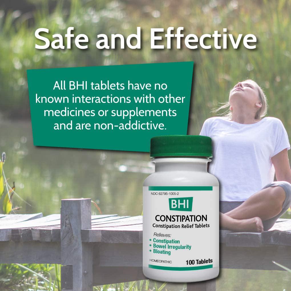 BHI Constipation Relief Natural Safe Targeted Homeopathic Active Ingredients Relieve Bloat Discomfort, Bowel Back-Up and Irregularity for Women and Men - 100 Tablets
