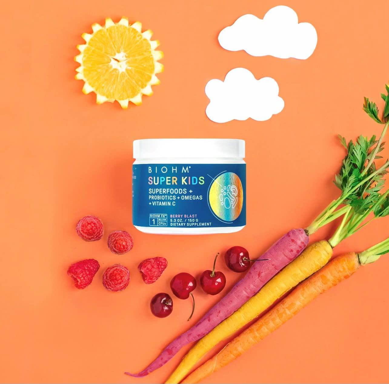 BIOHM Super Kids Superfood Powder + Probiotics - Delicious Berry Blast - 30 Servings - Beneficial Antioxidants and Omega-3 - Gluten Free, GMO Free, Dairy Free, No Artificial Ingredients, Vegetarian