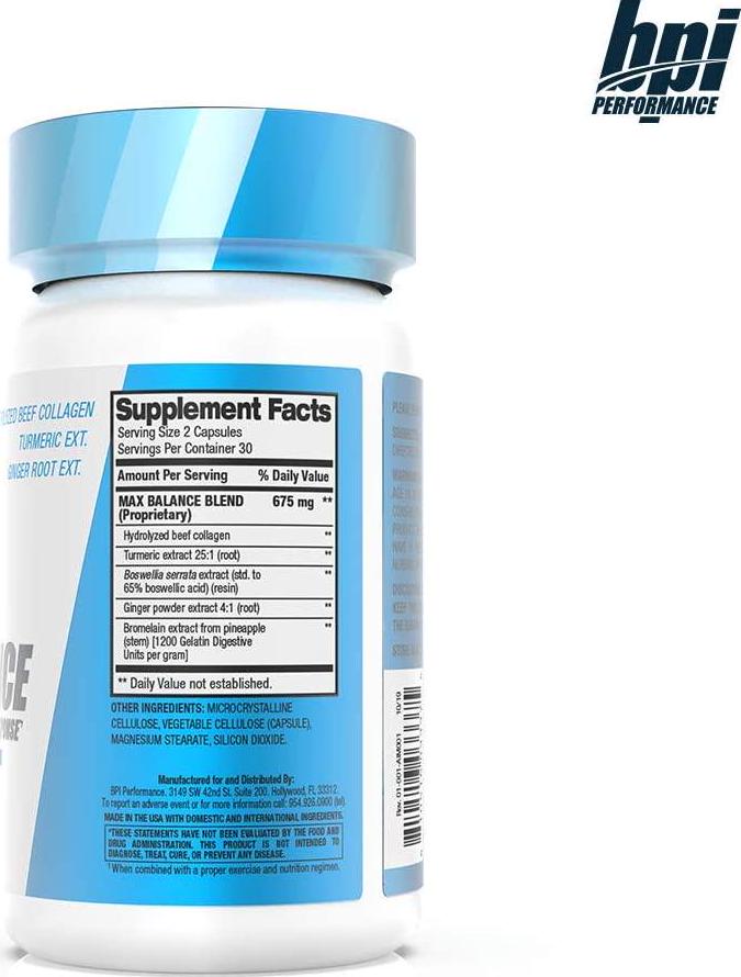 BPI Performance Max Balance Inflammatory Response – Joint Relief and Support, Anti-inflammatory – Hydrolyzed Beef Collagen, Turmeric, Ginger Root – Gluten Free – Non-GMO – For Men and Women – 30 Servings