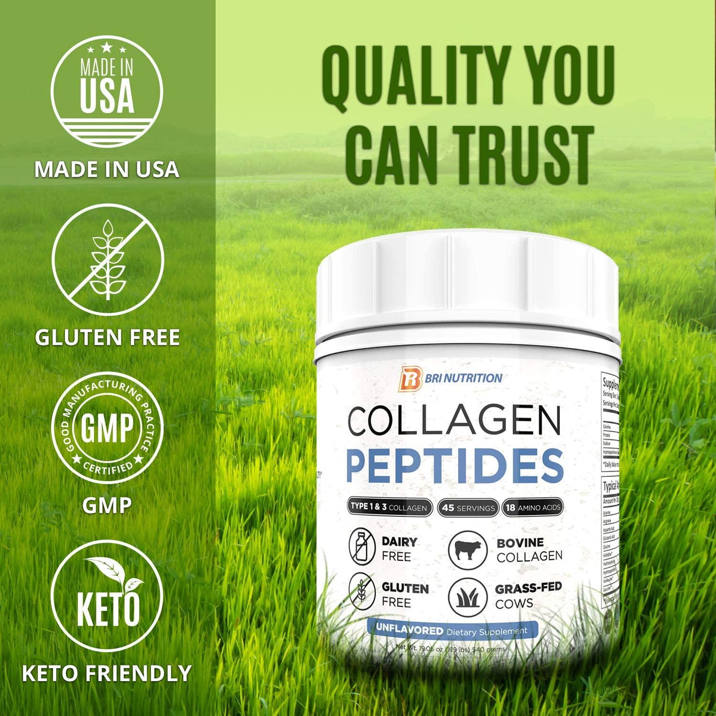 BRI Unflavored Collagen Powder - Hydrolyzed so It's Easy to Mix and Swallow | Collagen Peptides Boost Hair, Nails, Skin and Joints | Non-GMO, Keto Friendly, Grass-Fed and Gluten Free | 45 Servings