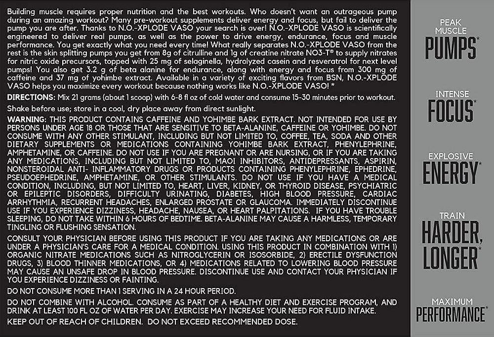 BSN N.O.-XPLODE Vaso Pre Workout Powder with 8g of L-Citulline and 3.2g Beta-Alanine and Energy, Flavor: Cherry Bomb, 24 Servings