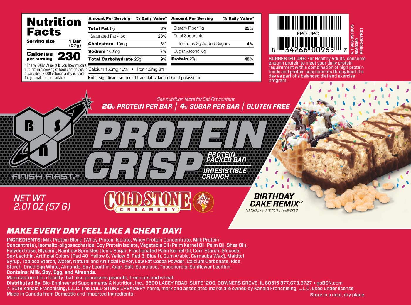 BSN Protein Bars - Protein Crisp Bar by Syntha-6, Whey Protein, 20g of Protein, Gluten Free, Low Sugar, Cold Stone Creamery Birthday Cake Remix, 12 Count