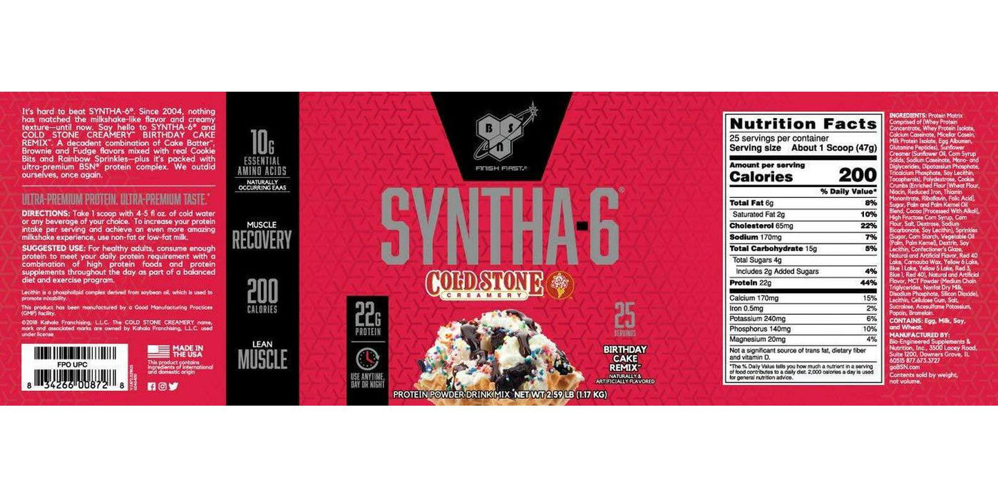 BSN Syntha-6 Whey Protein Powder, Cold Stone Creamery- Birthday Cake Remix Flavor, Micellar Casein, Milk Protein Isolate Powder, 25 Servings