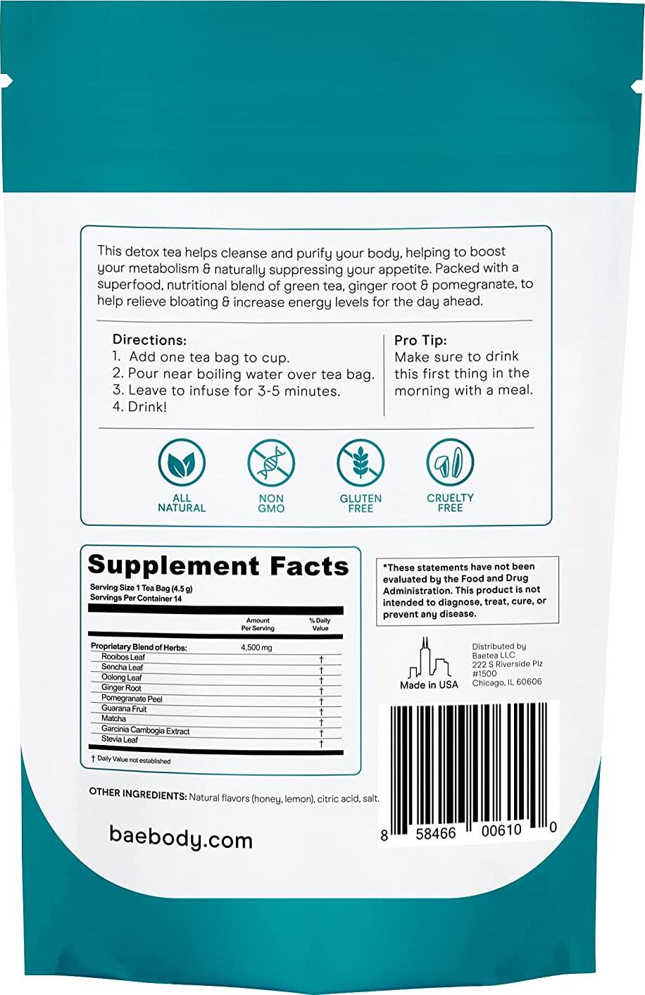 Baebody 14-Day Teatox Herbal Detox Tea Supplement with Green Tea and Ginger Root, 14 Tea Bags