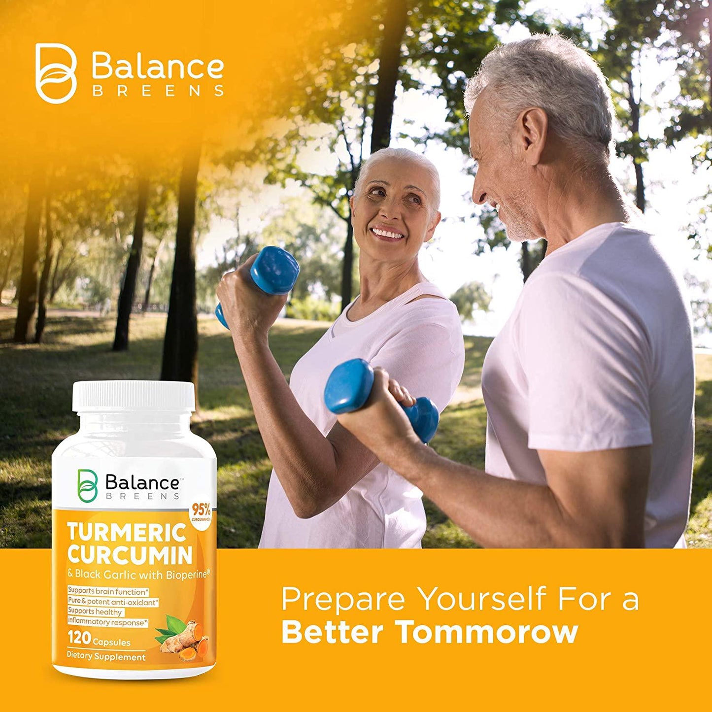 Balance Breens Turmeric Curcumin 95% Curcuminoids and Garlic with Bioperine Black Pepper- Supports Brain Function, Anxiety and Stress Relief , Natural Immune Boost - 120 Count