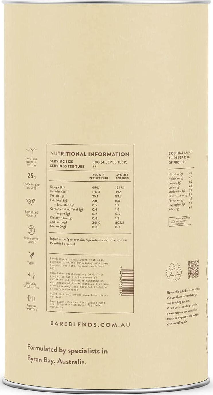 Bare Blends - Bare Plant Protein 1kg | Rice and Pea Vegan Protein Powder | Certified Organic | Unflavoured | Gluten Free