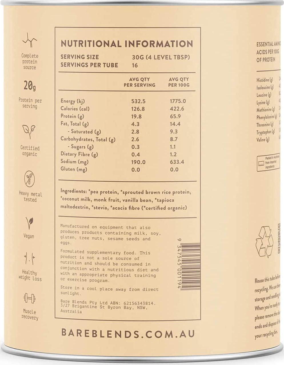 Bare Blends - Vanilla and Coconut Plant Protein | Vegan Protein Powder | Certified Organic | Gluten Free | 500g