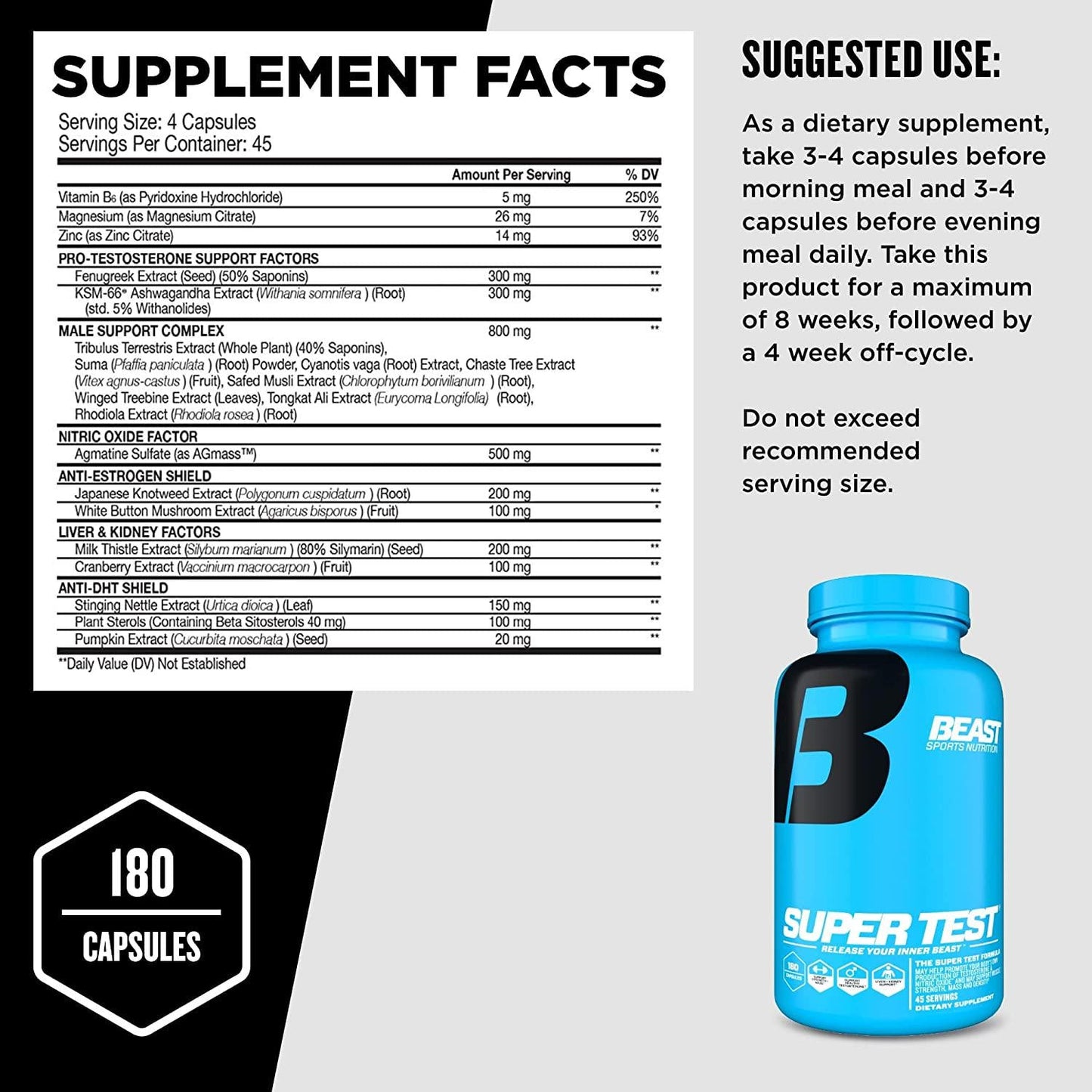 Beast Sports Nutrition Super Beast Stack - 180 Vegetable Capsules/Bottle - Powerful Combo to Improve Strength, Muscle Tone, Endurance and Recovery