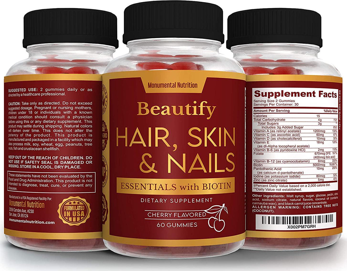 Beautify Hair, Skin and Nails Gummies, Biotin and Vitamin Essentials, NonGelatin, NonGMO, Vegetarian, Cherry Flavor, for Ladies, Women, Adults, 60 Count (30 Day Supply)