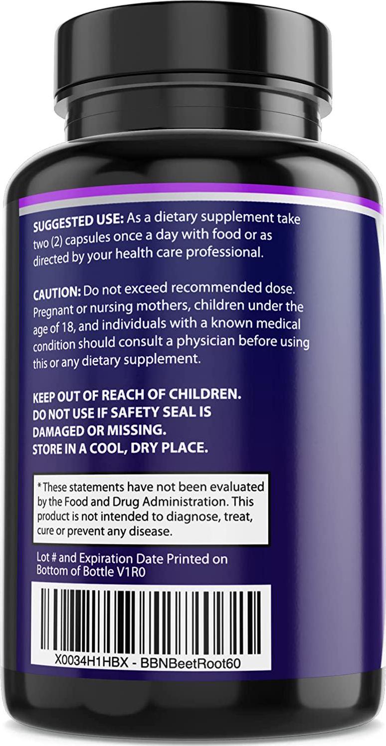 Beet Root Capsules Extra Strength Nitric Oxide Supplement Rich in Nitrates for Natural Energy and Heart Health Support, Made in USA with Organic Beetroot Powder Extract, 60 Capsules