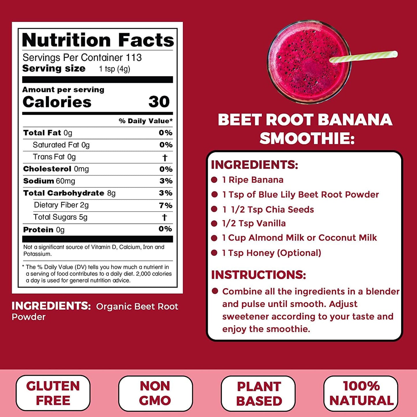 Beet Root Powder - Nitric Oxide Boosting Beet Root Powder 16 oz (454g)