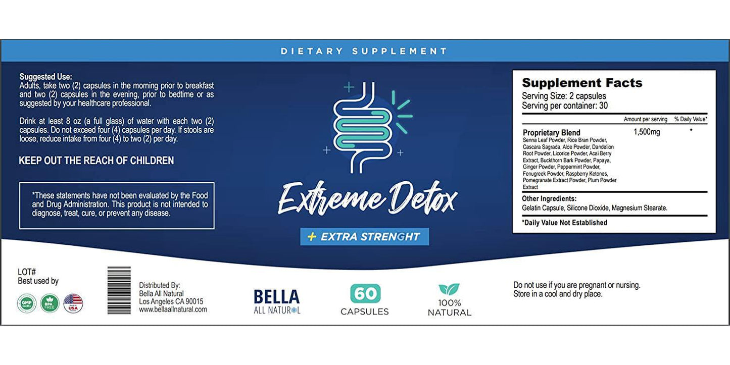 Bella All Natural Extreme Detox - Colon Cleanse and Full Body Detox - 60 Caps