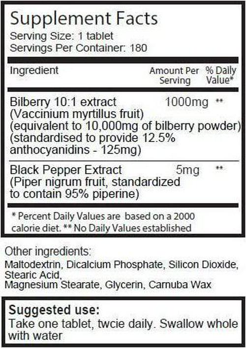 Bilberry Extract 10,000mg x 1080 Tablets (6 Bottles) - 10 X More anthocyanidins per Tablet Than Most Others - and 5mg Black Pepper Extract for 300% Increased Absorption. SKU: BILB3x6