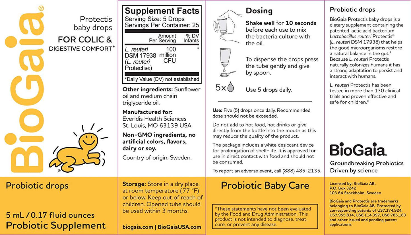 BioGaia Protectis Probiotics Drops for Baby, Infants, Newborn and Kids Colic, Spit-Up, Constipation and Digestive Comfort, 5 ML, 0.17 oz, 2 Pack