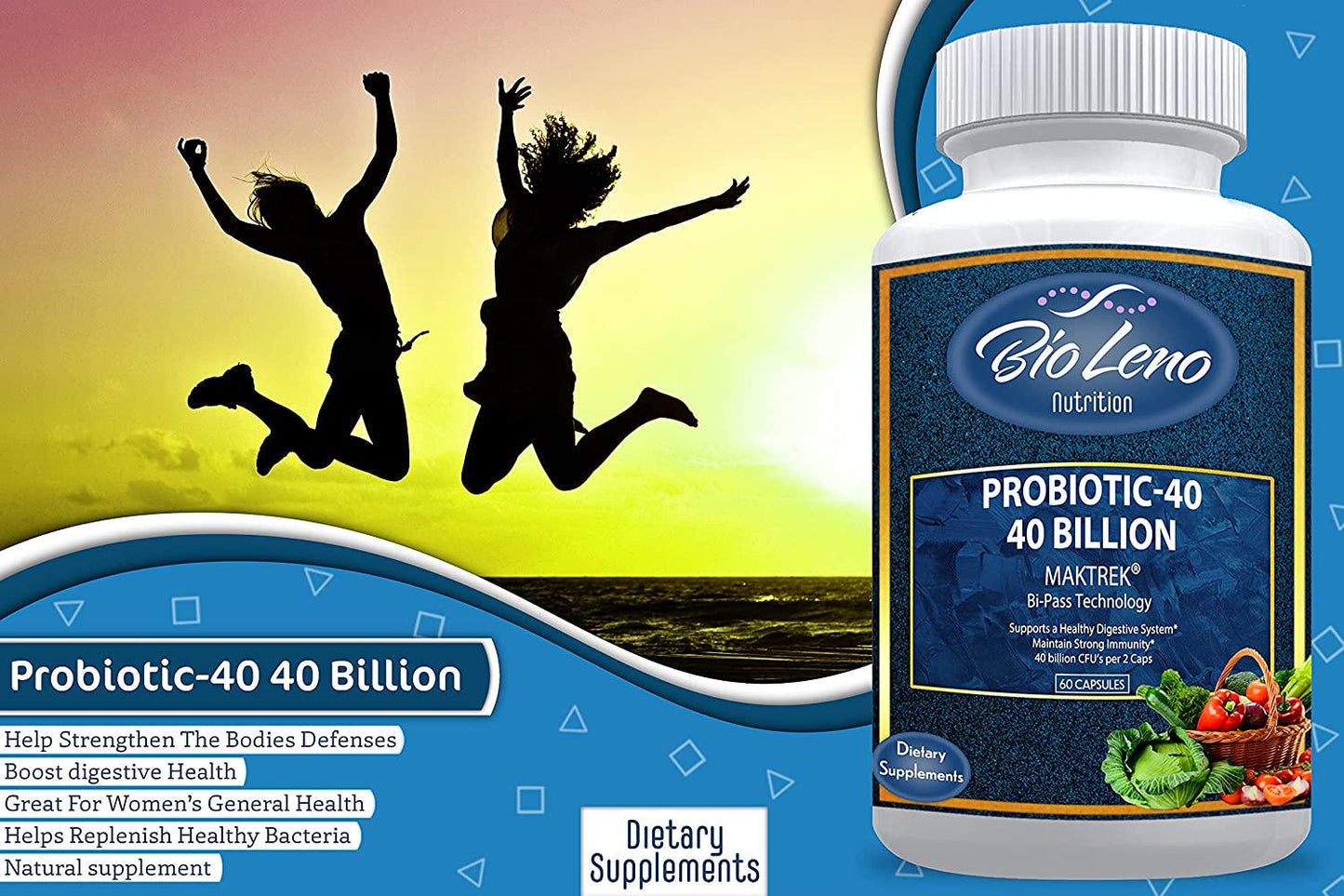 BioLeno Probiotic 40 Billion CFU/g for Men and Women - Probiotic with Lactobacillus Acidophilus - Bi-Pass Technology - No Refrigeration - Probiotic Supplements for Digestive Health | 60 Capsules