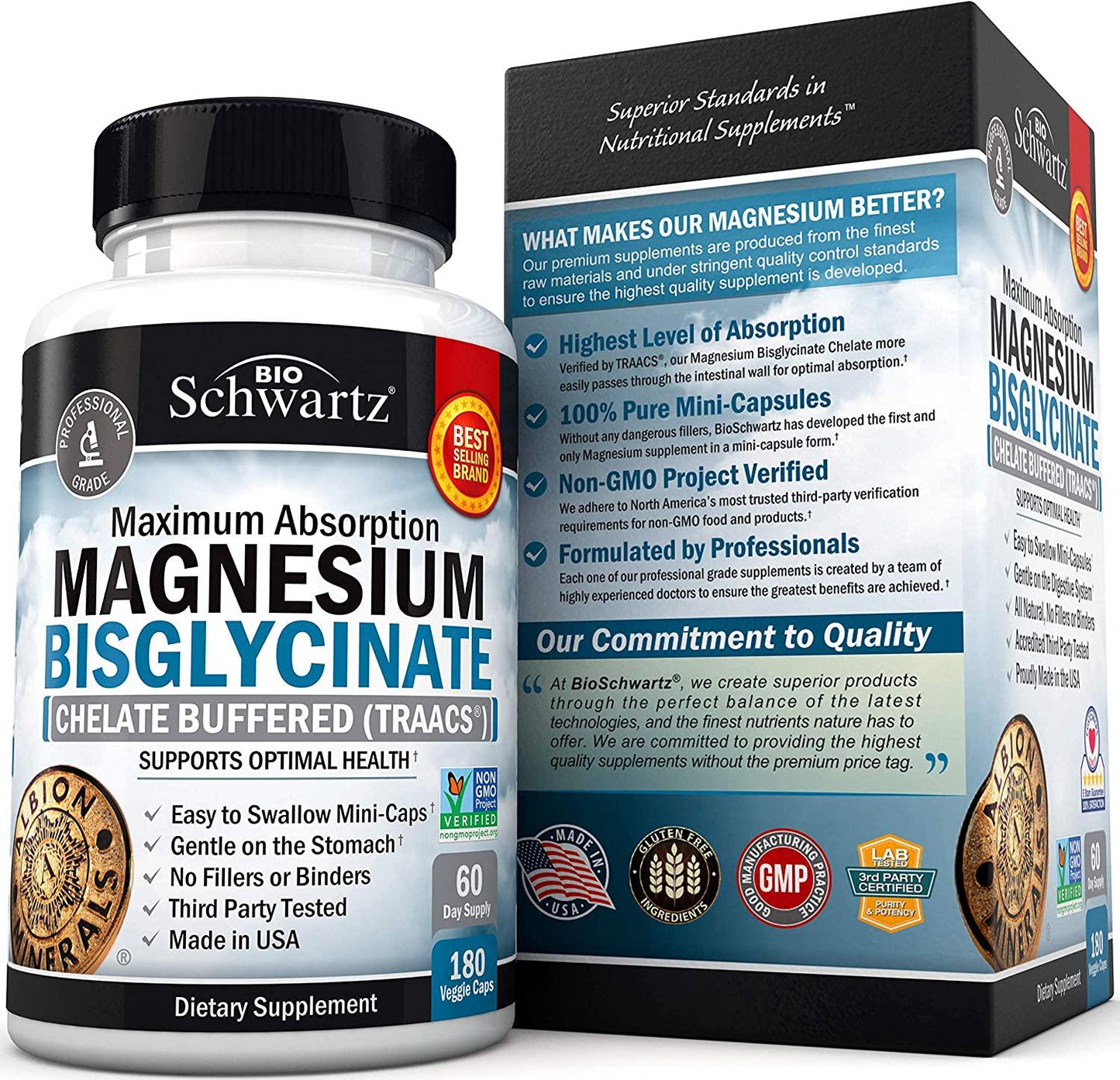 BioSchwartz Magnesium Bisglycinate 100% Chelate No-Laxative Effect. Maximum Absorption and Bioavailability, Fully Reacted and Buffered. Sleep, Energy, Stress and Anxiety, Leg Cramps, Headaches. Non-GMO Project Verified, 180 Count (Pack of 1)