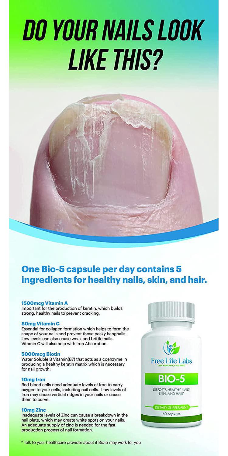 Bio-5 Nail, Skin, and Hair Supplement - 5000mcg Biotin, Zinc, Iron, Vitamin C, Vitamin A - 60 Day Supply